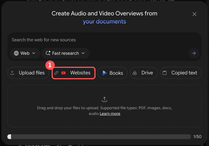 The Add sources dialog. Upload the PDF, or paste its web address under Websites (1).