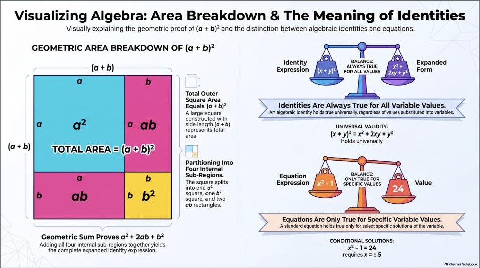 An algebraic identities infographic made by Gemini Notebook